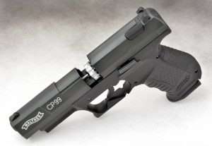The CP99 uses an 8-shot cast alloy rotary magazine inserted at the breech when the action is opened by depressing the slide release.