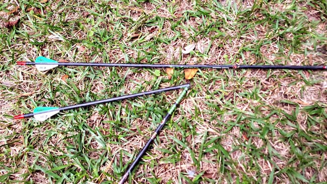 test your arrows for brittleness. two arrows on a grassy background, one whole and one broken.