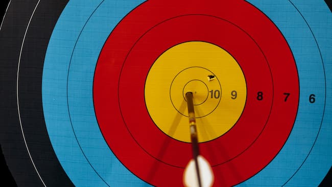 arrow nestled neatly inside the 10 ring on the archery target.