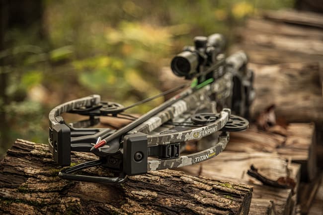 TenPoint Titan Crossbow with sight, locked and loaded.