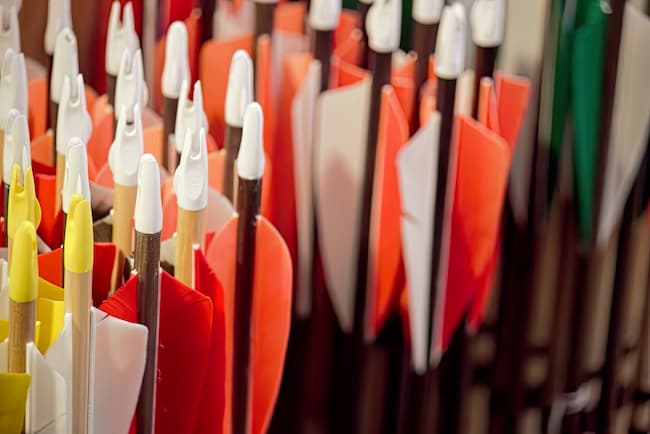 several arrows, positioned nock up, standing in the storage grate.