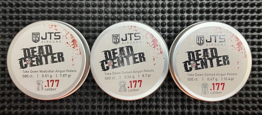 three tins of JTS Dead Center pellets in .177 caliber: 1 wadcutter & 2 domed at 8.7 gr & 10.4 gr.