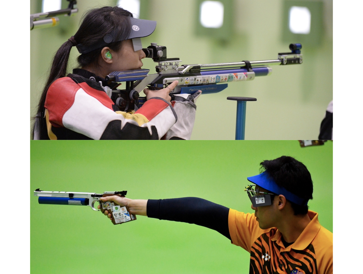 air rifle vs air pistol, how do they differ? top image women's air rifle shooter taking aim at the firing line. bottom image, men's air pistol shooter taking aim at the firing line.