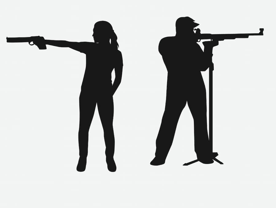 left: competitive air pistol shooter showing correct shooting position. right: competitive air rifle shooter showing correct shooting position.
