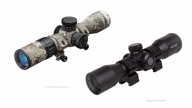 Comparison photo of Tenpoint EVO X crossbow scope and Hawke 3x32 XB