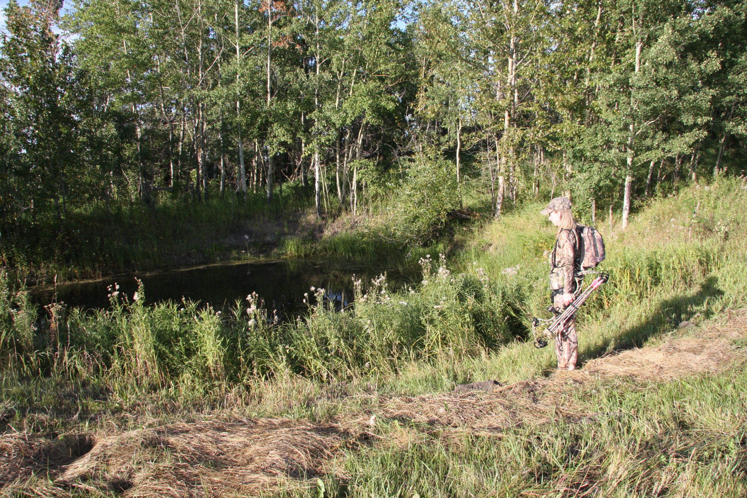Bow hunter standing next to a low lying creek looking for signs of deer.