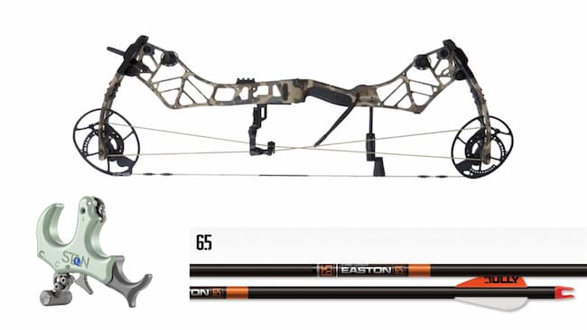compound bow at top of image with release and arrows below it