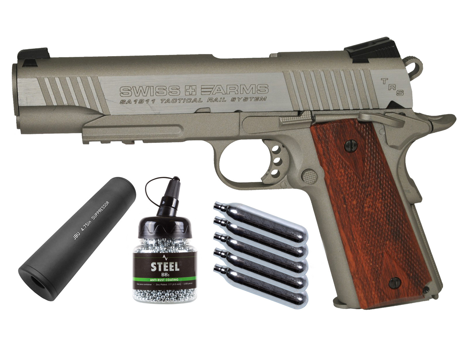 Swiss Arms SA 1911 TRS CO2 BB Pistol with Faux Suppressor, B 0.177