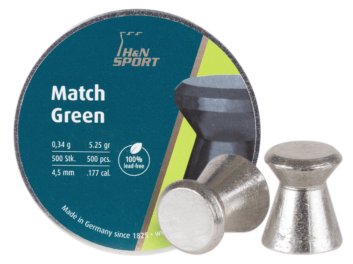 H&N Match Green Pellets, .177 Cal, 5.25 Grains, Wadcutter, Lead-Free, 500ct