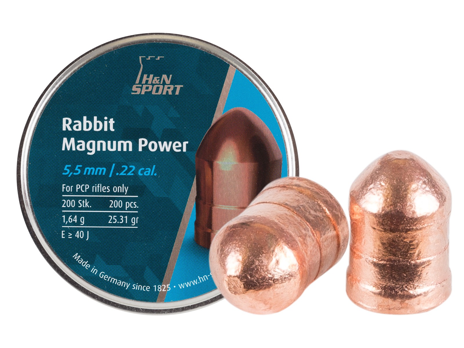 H&N Rabbit Magnum Power Cylindrical Pellets, .22 Cal, 25.77 Grains, Copper-Plated, Round Nose, 200ct