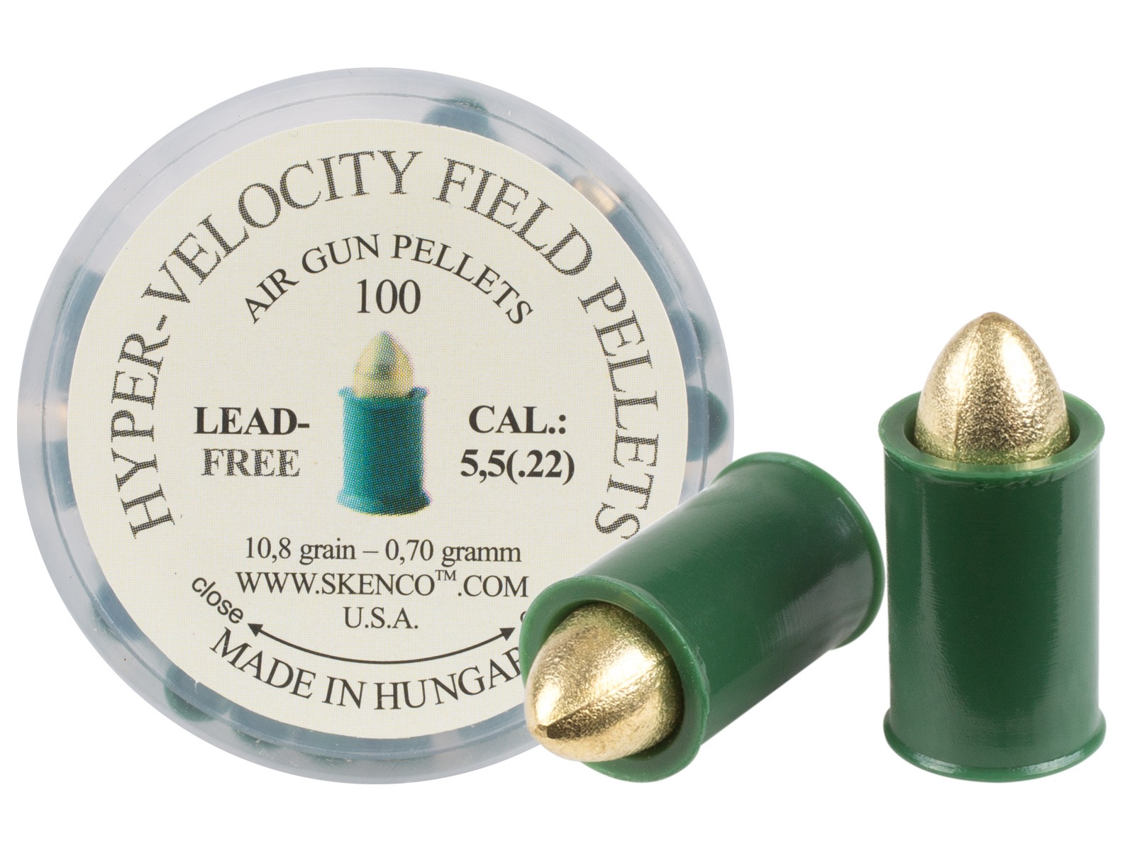 Hyper-Velocity Field Pellets, Type 1 for Standard Guns, .22 Cal, 10.8 Grains, Pointed, Lead-Free, 100ct