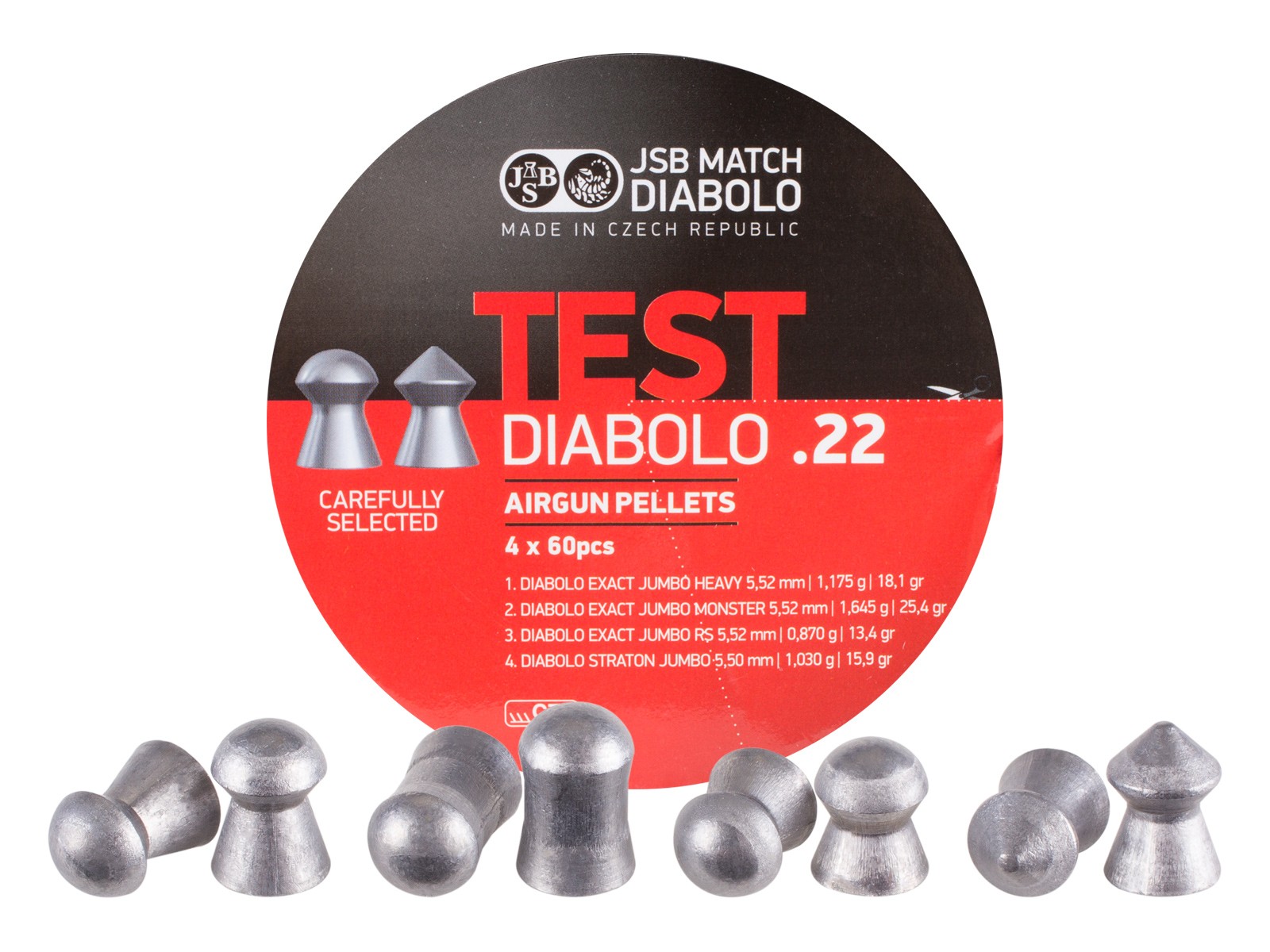 JSB Match Diabolo Test Sampler, .22 Cal, Round Nose & Pointed, 4 Pellet Types, 240ct