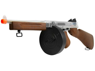 Thompson M1A1 Airsoft AEG, Drum Mag, Clear/Wood