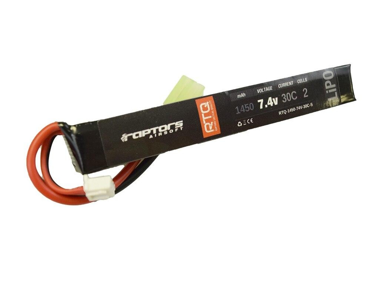 Raptor RTQ 7.4v 1450 MAh 30C Stick LiPO Airsoft Battery, Stick Type / Small Tamiya