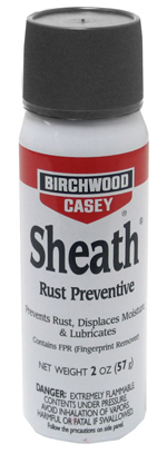 Birchwood Casey Sheath Rust Preventive 2-oz. aerosol spray. Contains Fingerprint Remover (FPR).  