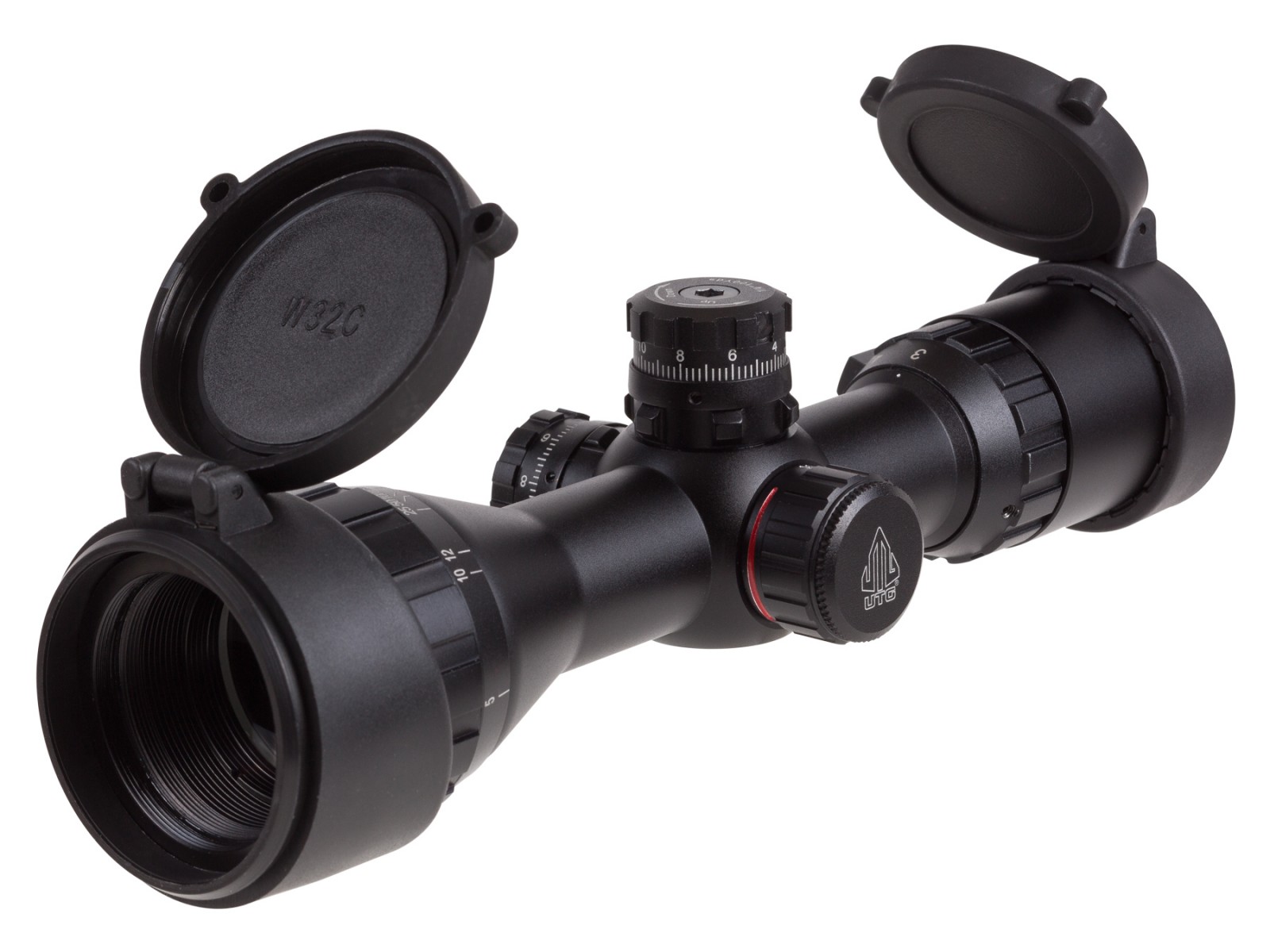 UTG 3-9x32 AO Compact CQB Bug Buster Rifle Scope, Illuminated Mil-Dot Reticle, 1/4 MOA, 1 Tube, Medium Max Strength Lever Lock Weaver Rings