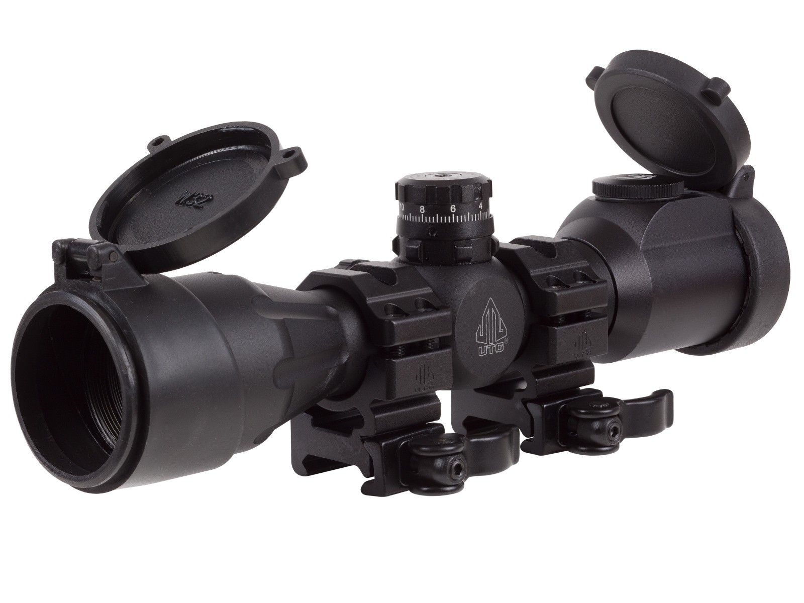 UTG 4x32 CQB Compact Rifle Scope, EZ-TAP, Illuminated Mil-Dot Reticle, 1/4 MOA, 1" Tube, See-Thru Weaver Rings