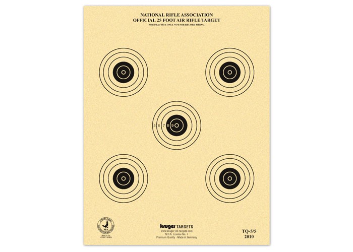 Kruger NRA 25 ft Air Rifle Target, 7"x9", 5 Bulls/Sheet, 100ct
