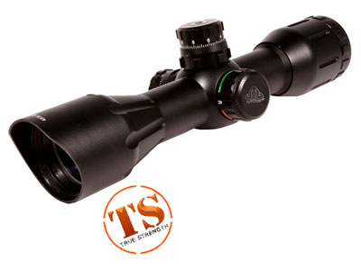 UTG 4x32 Wide-Angle Crossbow Scope, Illuminated 5-Step Reticle, 1/4 MOA, 1" Tube, Low Max Strength Lever Lock Weaver Rings