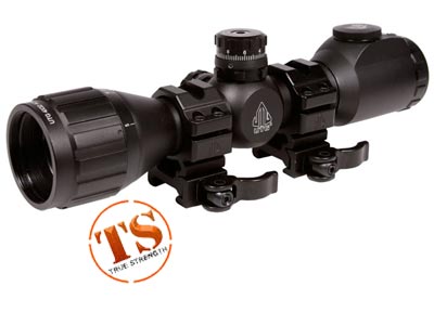 UTG 4x32 AO Bug Buster Compact Rifle Scope, EZ-TAP, Illuminated Mil-Dot Reticle, 1/4 MOA, 1" Tube, Low Max Strength Lever Lock Weaver Rings