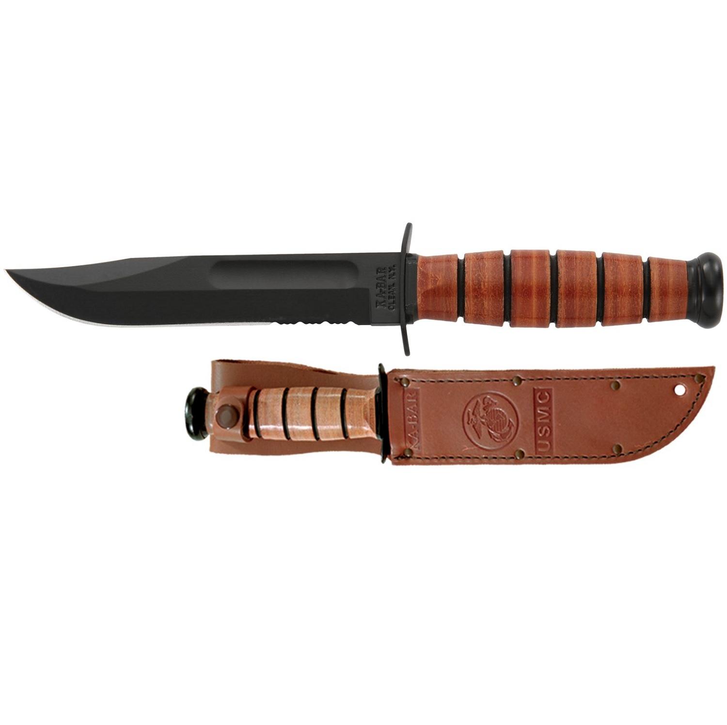 Ka-Bar Fixed USMC 5.25 in Combo Blk Blade Leather Hndl