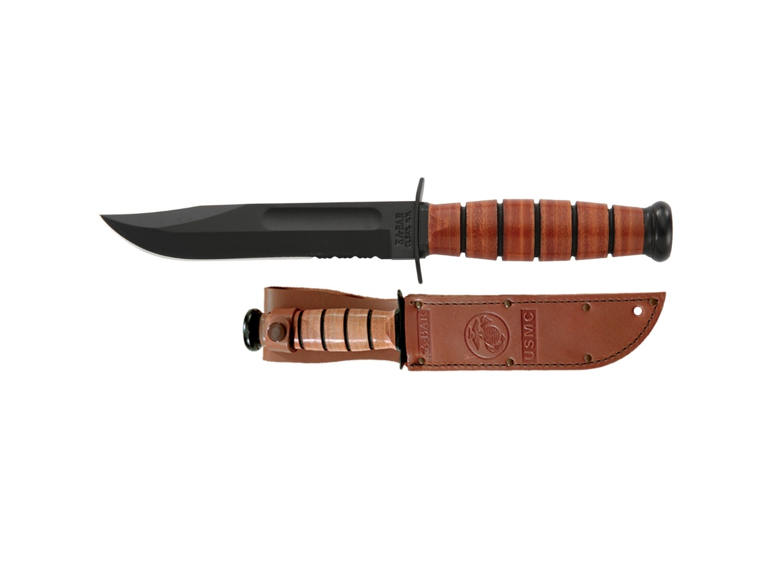 Ka-Bar Fixed USMC 5.25 in Combo Blk Blade Leather Hndl