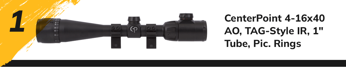 CenterPoint 4-16x40 AO, TAG-Style IR, 1 inch Tube, Pic. Rings