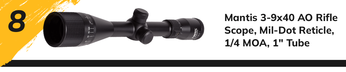 Mantis 3-9x40 AO Rifle Scope, Mil-Dot Reticle, 1/4 MOA, 1in Tube