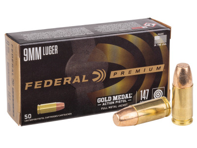 Federal Premium 9mm Luger Gold Medal Action Pistol, Flat Nose,147gr, 50ct